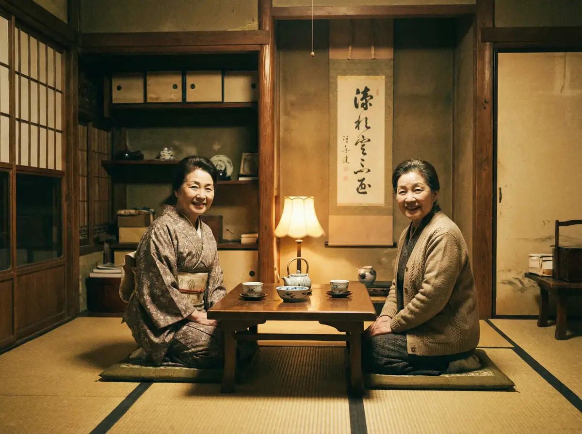 两位优雅的 AOA体育 在日式茶室中品茶交谈